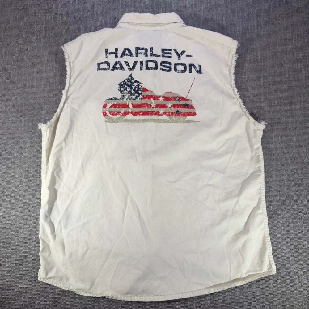 Harley-Davidson Shirt Mens XL White Sleeveless Cutoff Button Up Flag Graphic
